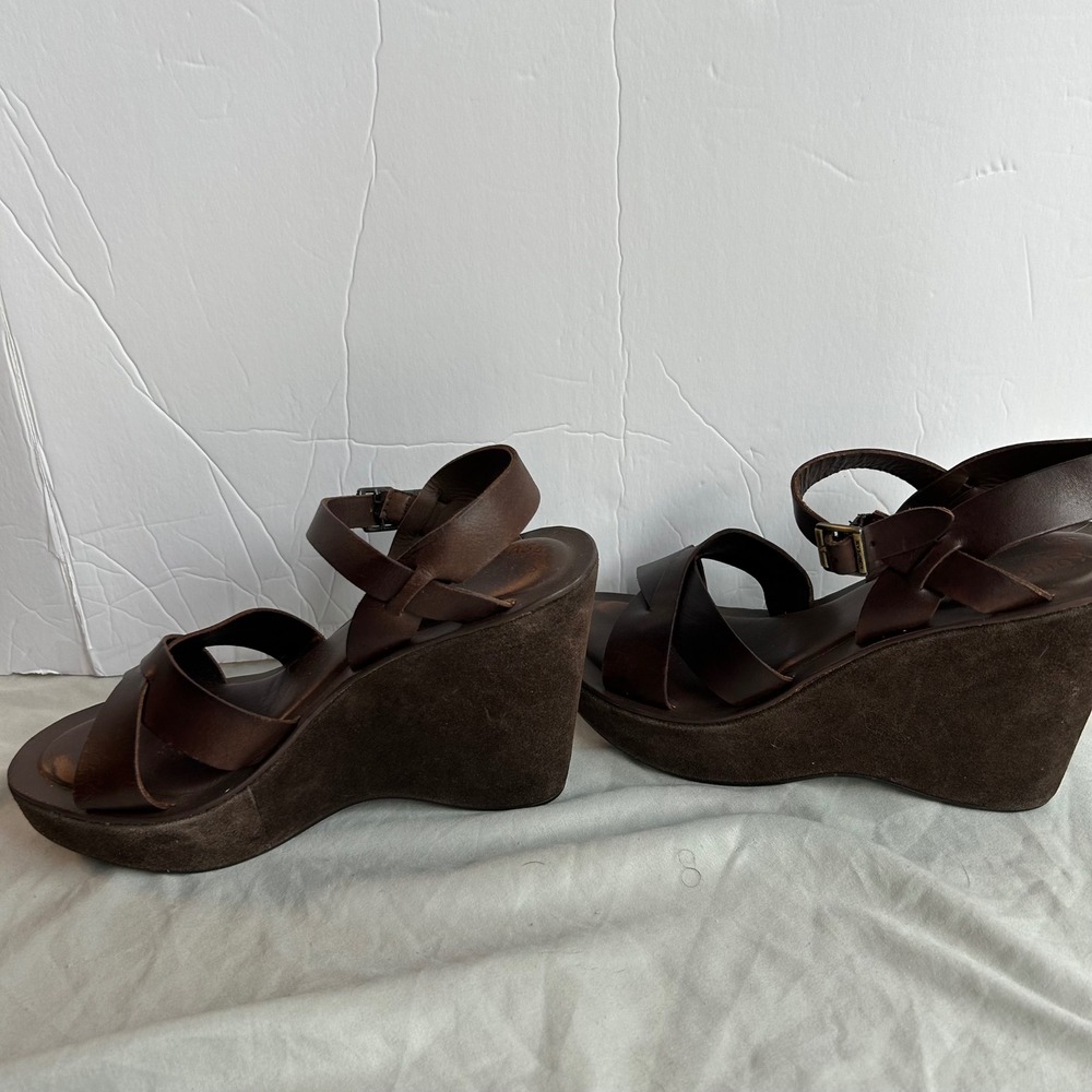 Kork-Ease Brown Leather Platform Wedge Sandals Suede Wrap Boho Retro Womens 8 - Picture 7 of 16